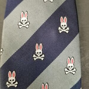 Psycho Bunny Robert Godley Navy Grey Striped Silk Tie Bunny Skull Logo Handmade